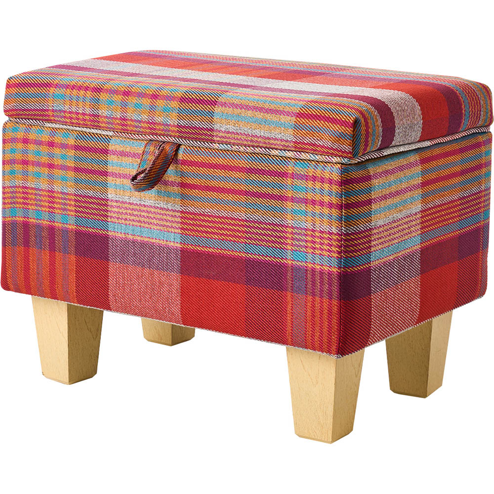Living and Home Red Tartan Linen Storage Ottoman Image 2