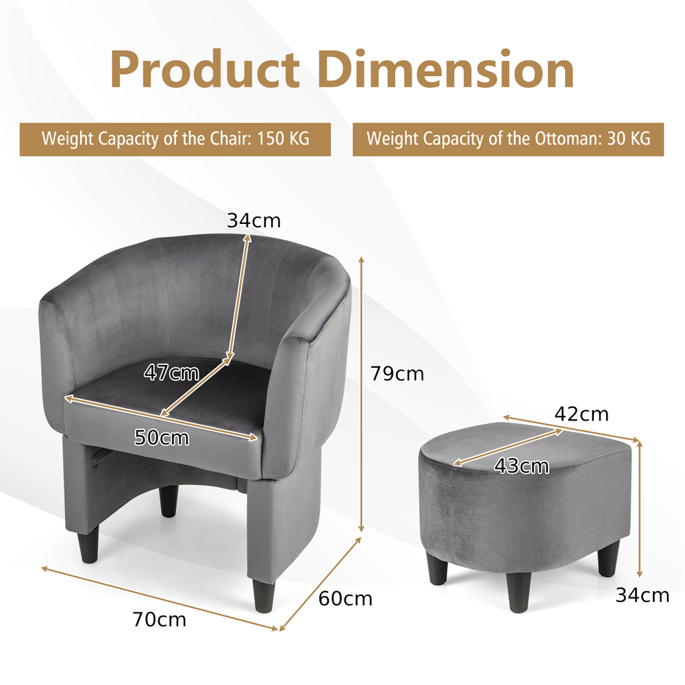 Costway Grey Upholstered Velvet Armchair with Ottoman Image 8