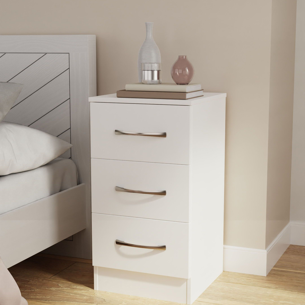 Crowndale Avon 3 Drawer Matt White Bedside Cabinet Ready Assembled Image 7
