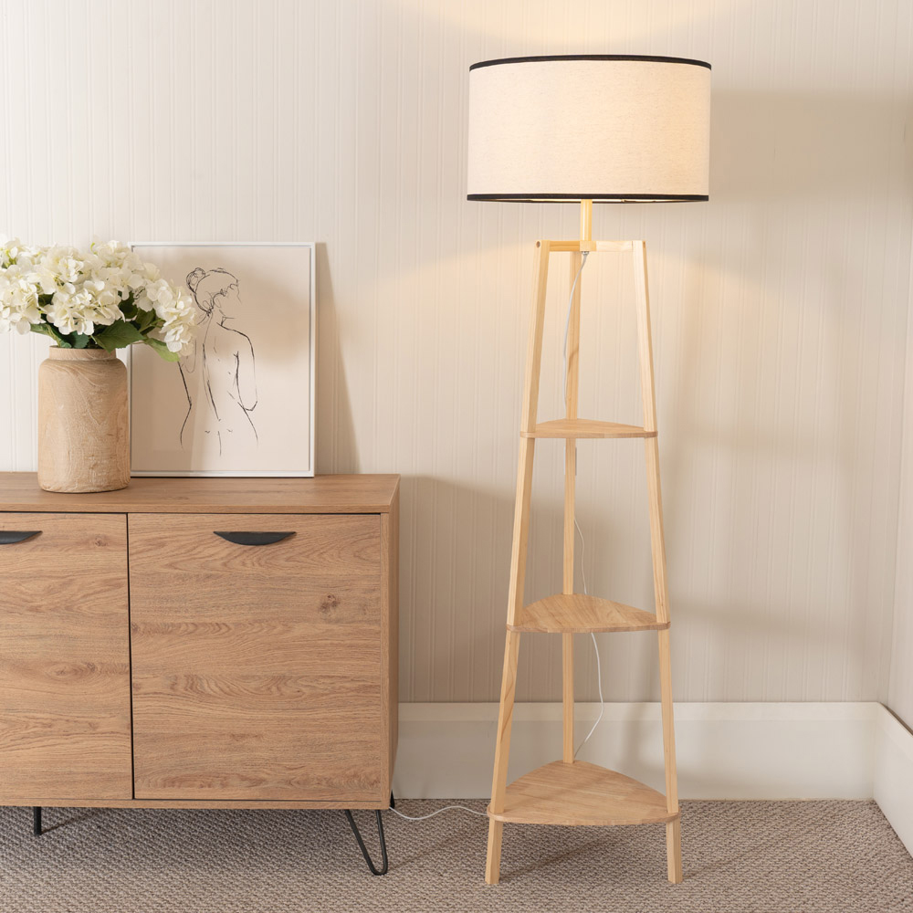 ValueLights Hiru 3 Shelf Black Edge Drum Shade Wooden LED Floor Lamp Image 2