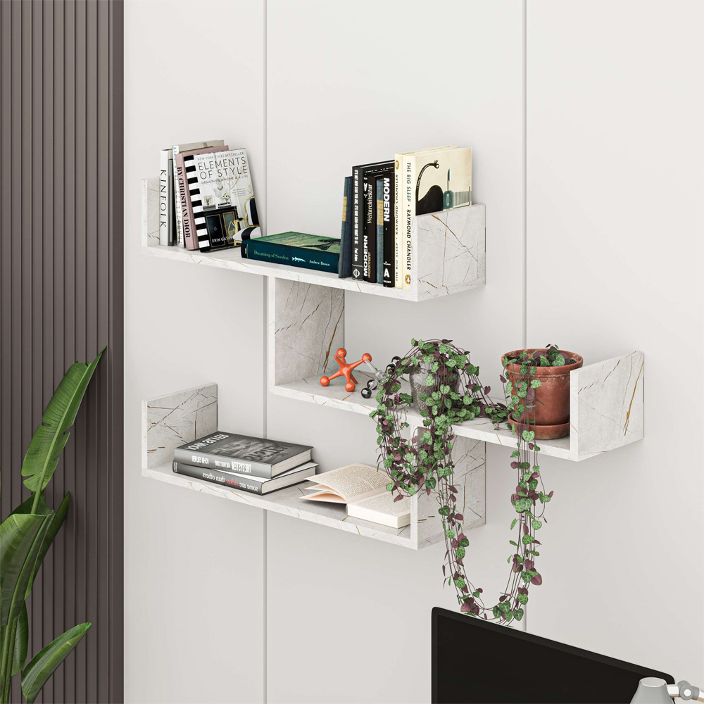 Decortie Tibet Gold Marble Effect 3 Tier Wall Mounted Bookcase Display Unit Image 5
