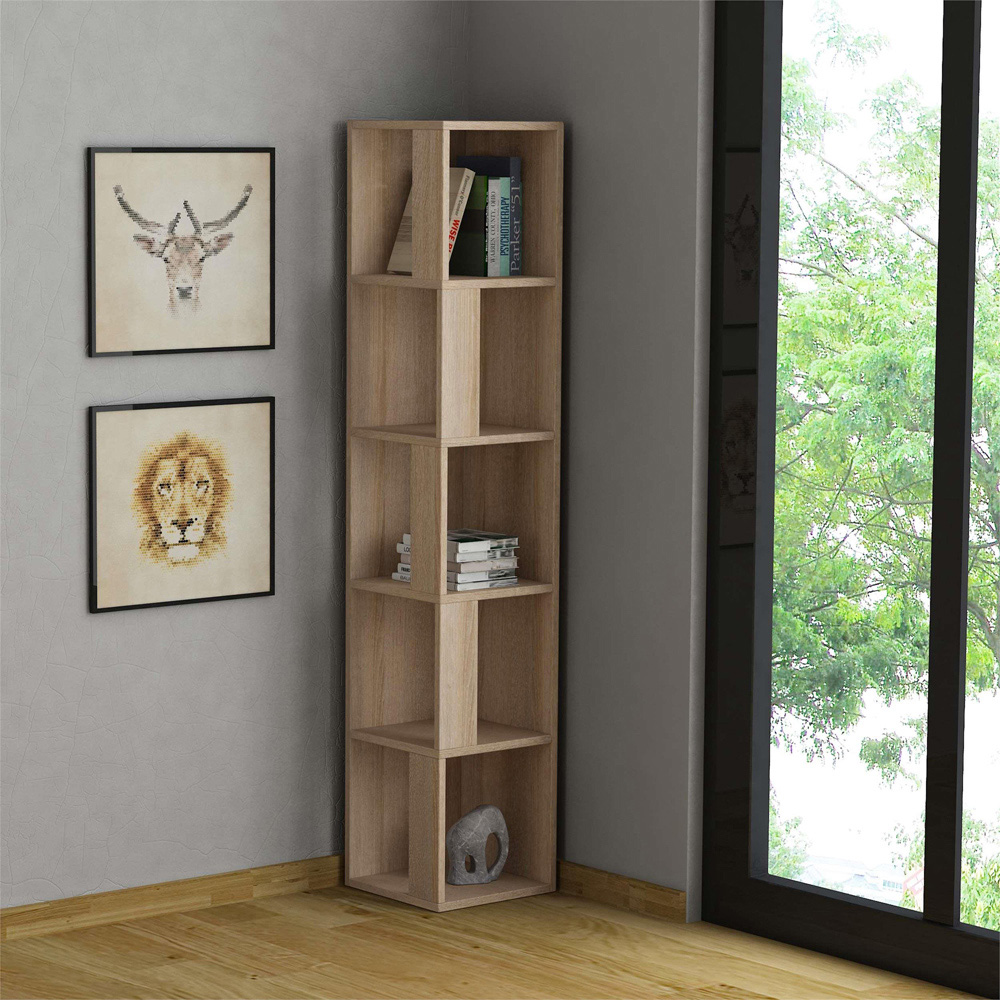 Decortie Piano 5 Shelf Natural Oak Effect Modern Corner Bookcase Image 5