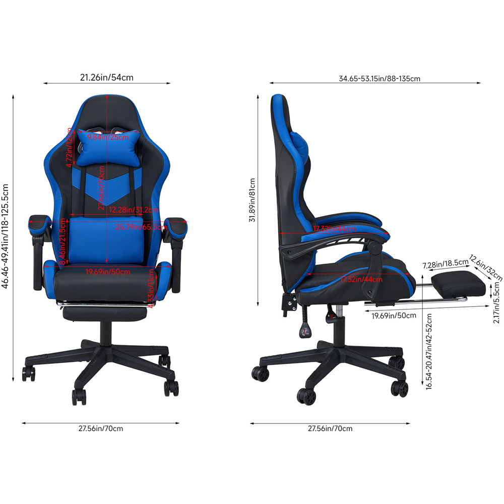 Living and Home Blue and Black Fabric Gaming Chair with Footrest Image 9