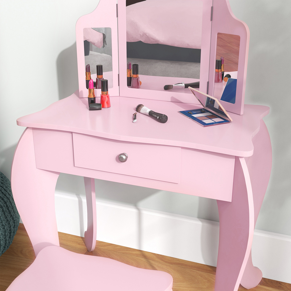 HOMCOM Single Drawer Pink Tri-Folding Mirror Makeup Dressing and Table Set Image 3