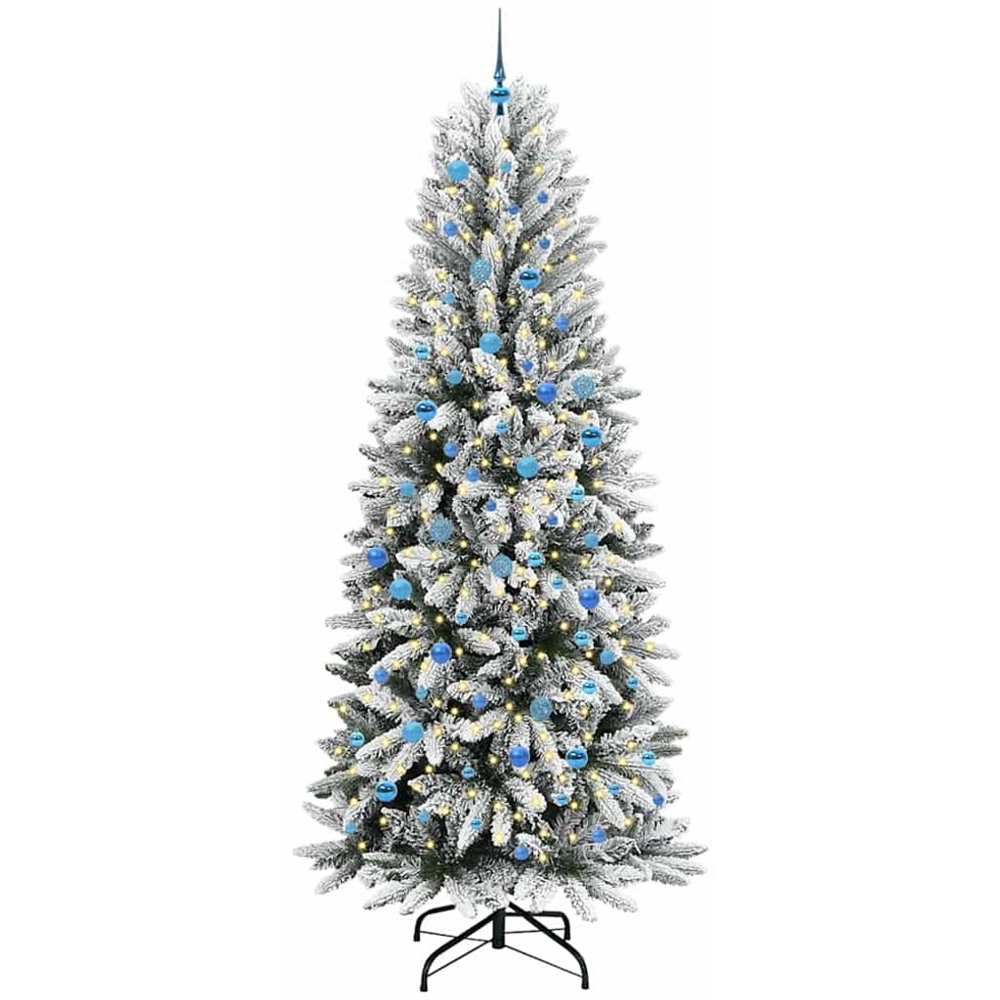 vidaXL Pre-Lit Blue Baubles Artificial Snow Flocked Christmas Tree 8ft Image 1