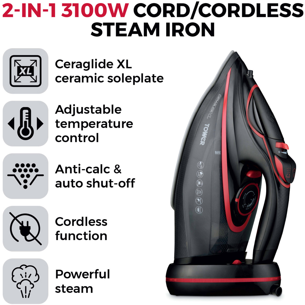 Tower Red and Black Cordless Steam Iron with Extra Large Sole Plate Image 3
