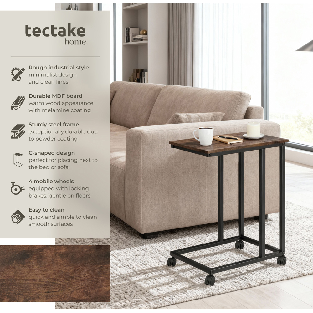 Tectake Luton C-Shape Rustic Dark Wood Bedside Table with Swivel Castors Image 3