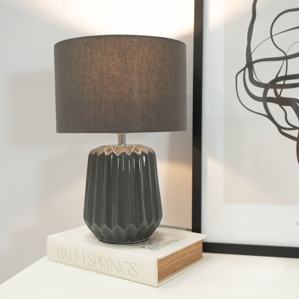 ValueLights Zak Fabric Lamp Shade Charcoal Grey Pleated Textured Ceramic LED Table Lamp Image 2