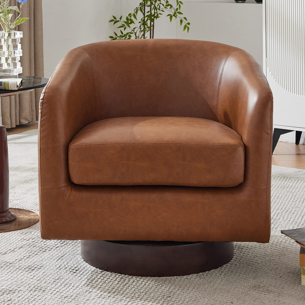 Living and Home Brown PU Leather Retro Swivel Armchair Image 3
