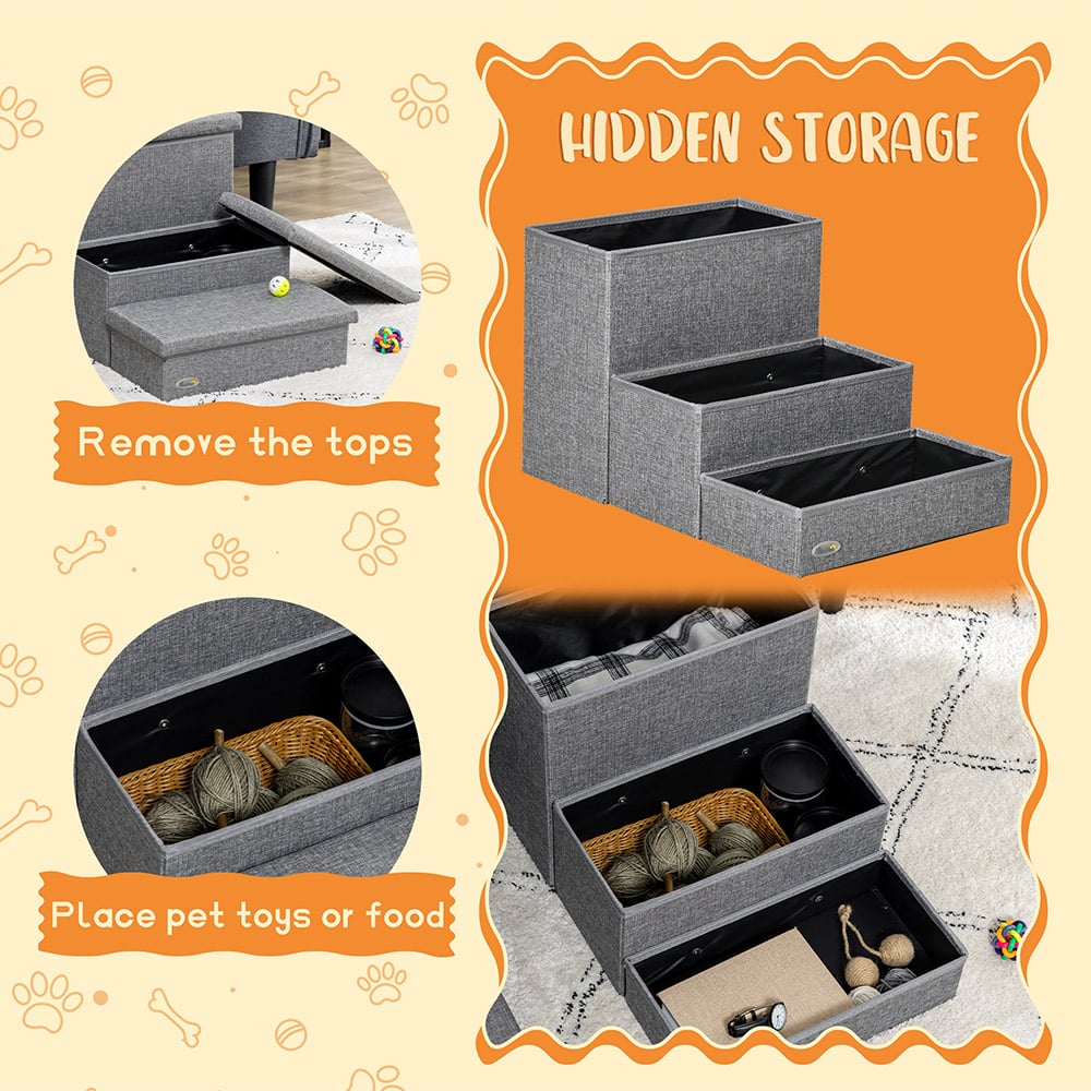 PawHut 3 Step Faux Linen Pet Stairs with Storage Image 5