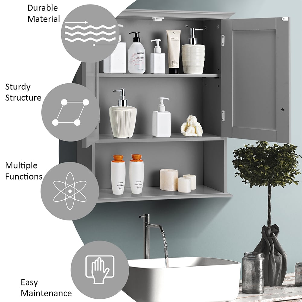 Costway 2 Door Single Shelf Grey Wall Mounted Storage Cabinet Image 4
