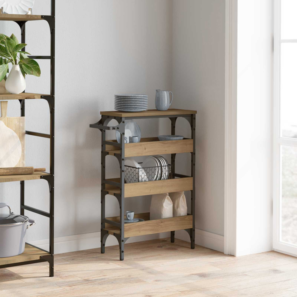 vidaXL 3 Shelf Artisan Oak Kitchen Trolley with Handle Image 9