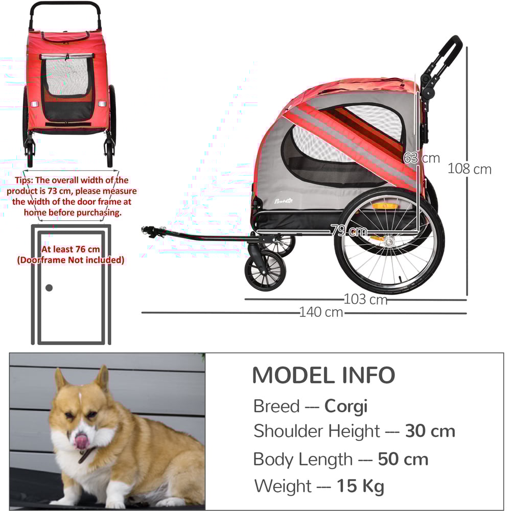 PawHut Red 2 in 1 Dog Bike Trailer Stroller with Flag Image 7