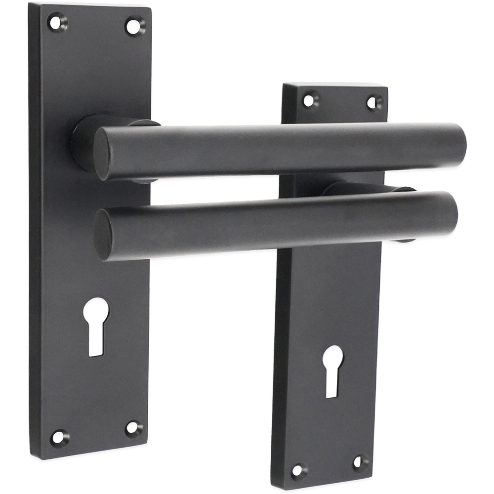 Spira Brass Jura Matt Black Lever on Backplate Door Handle with Lock 2 Pack Image 1