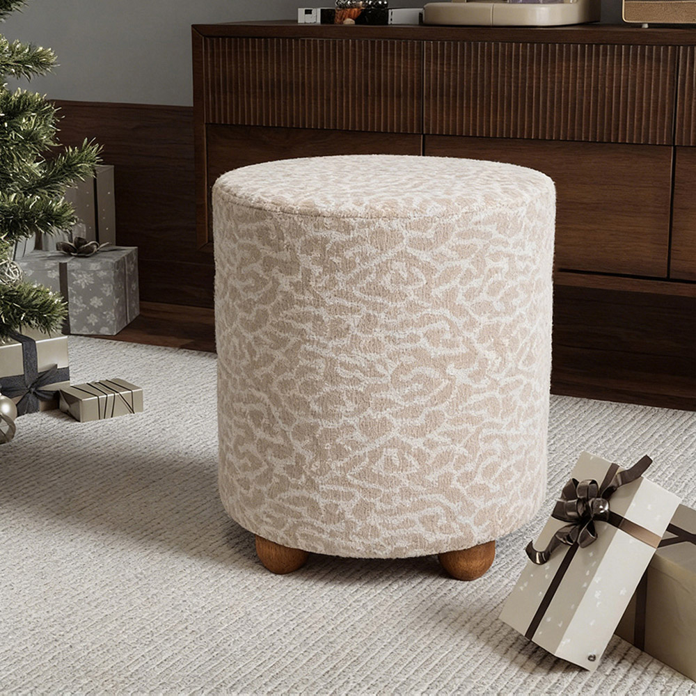 Living and Home Light Brown Chenille Leopard Print Round Footstool Image 8