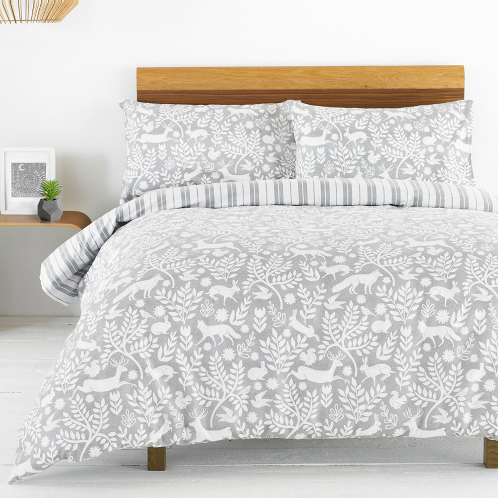 furn. Skandi Super King Size Grey Woodland Brushed Cotton Duvet Cover Set Image 1