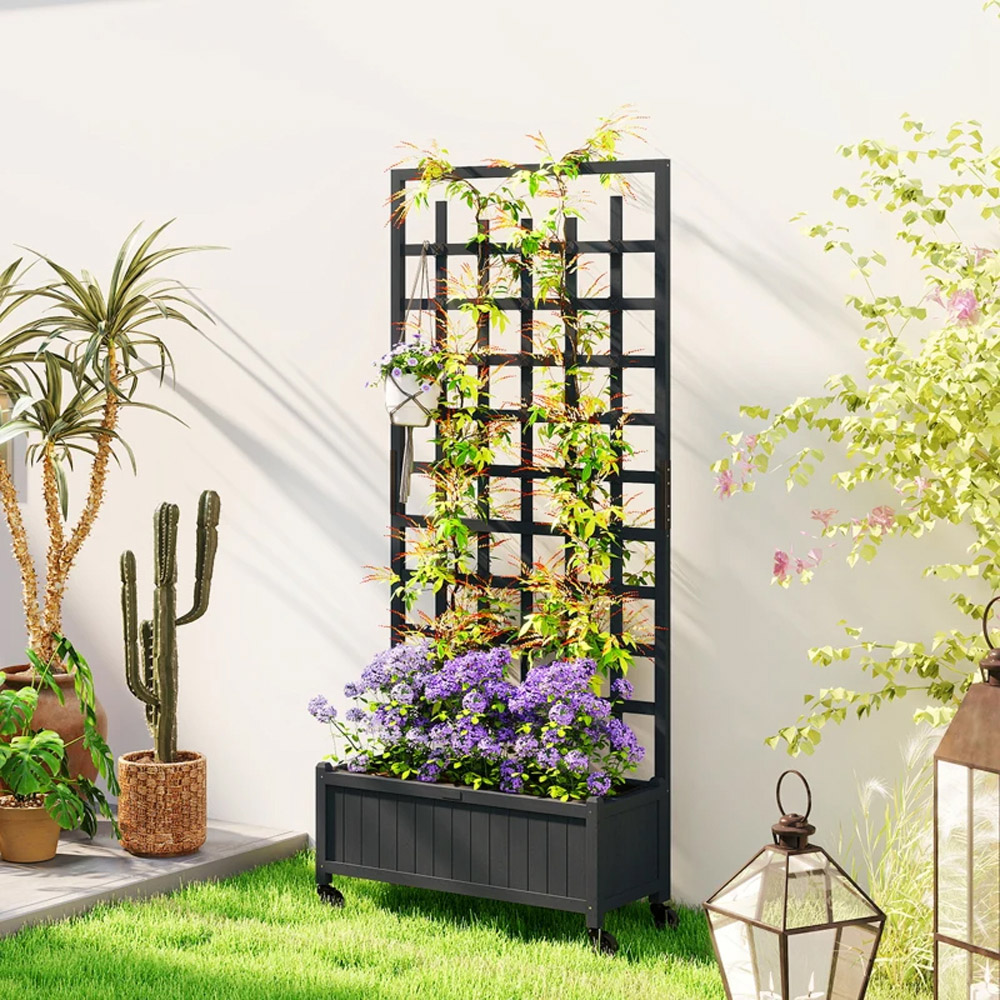 Outsunny Grey Wooden Raised Garden Bed Planter with Trellis and Wheels Image 4