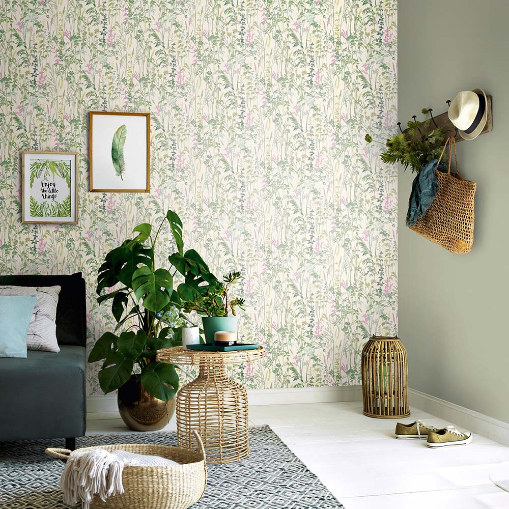 Erismann Meadow Floral Leaves Green and Pink Wallpaper Image 3