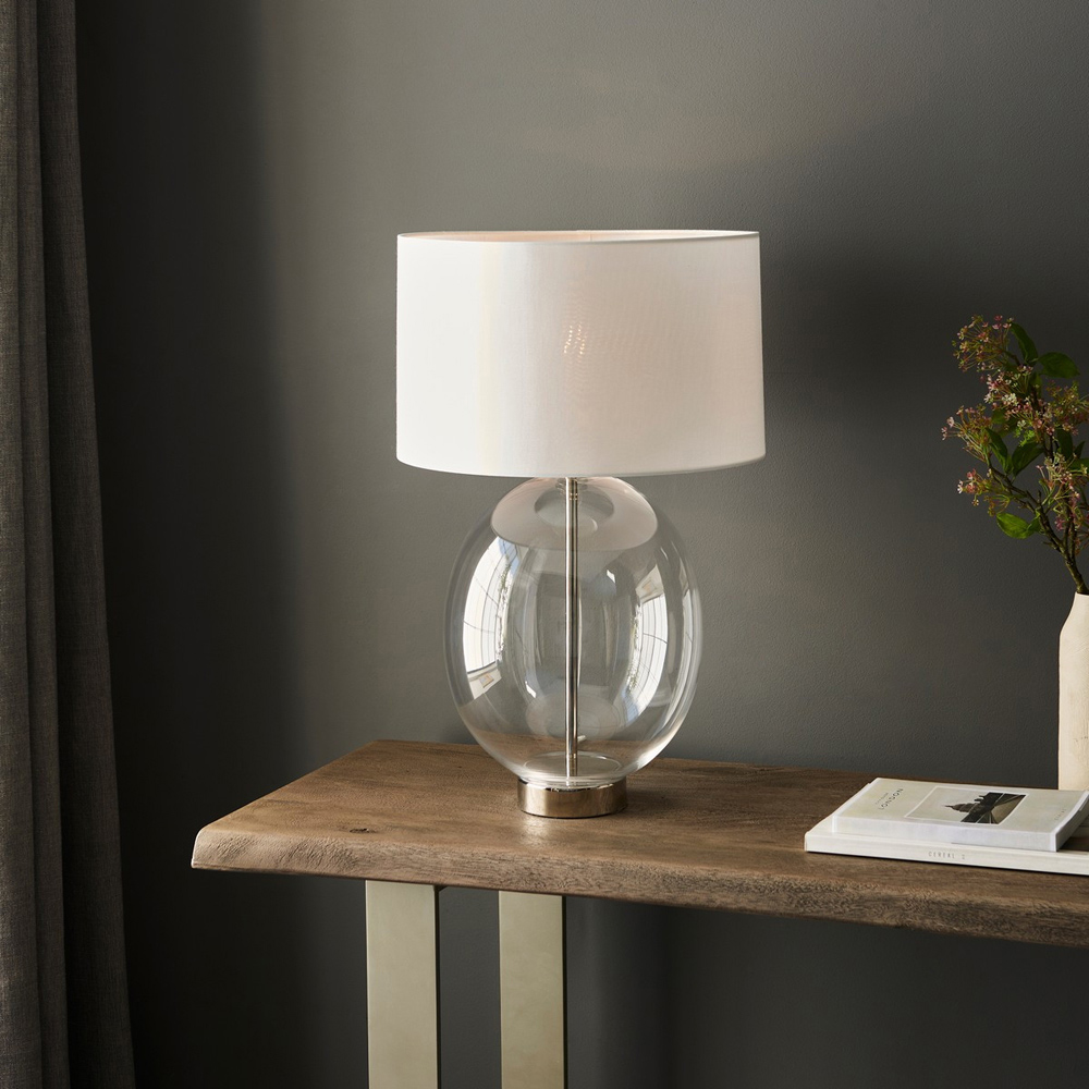 Merano Lecce Glass Bright Nickel Plate Vintage White Fabric Shade Table Lamp Image 6