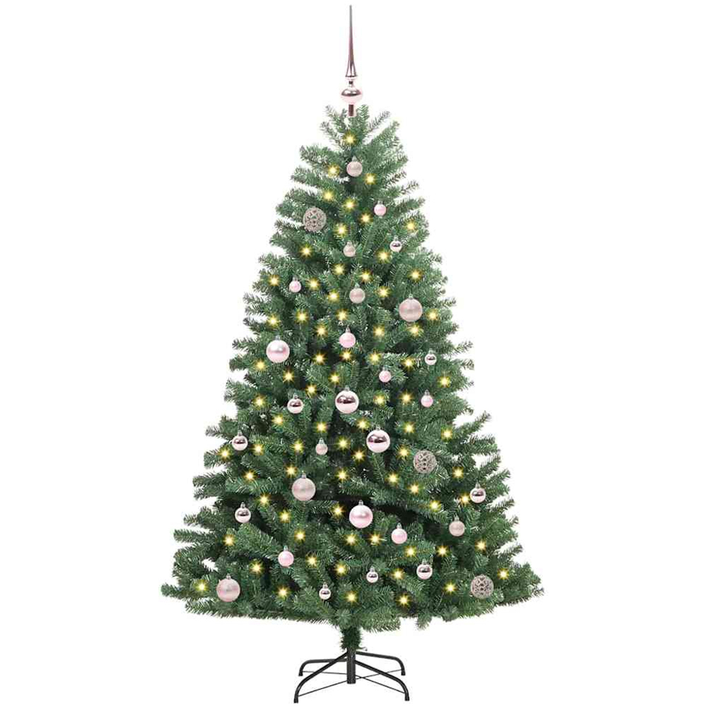 vidaXL Pre-Lit Pink Baubles Green Artificial Hinged Christmas Tree 5ft Image 1