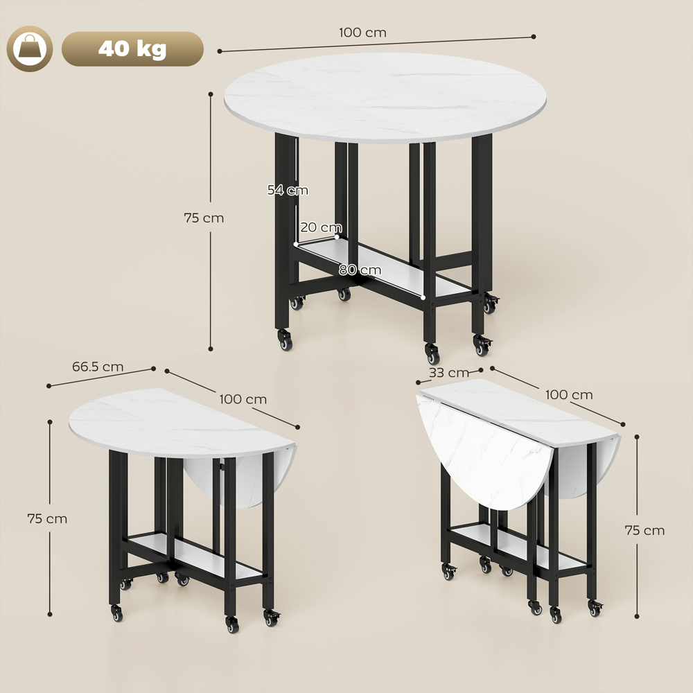Portland 4 Seater Single Shelf White Marble Drop Leaf Folding Dining Table 100cm Image 8
