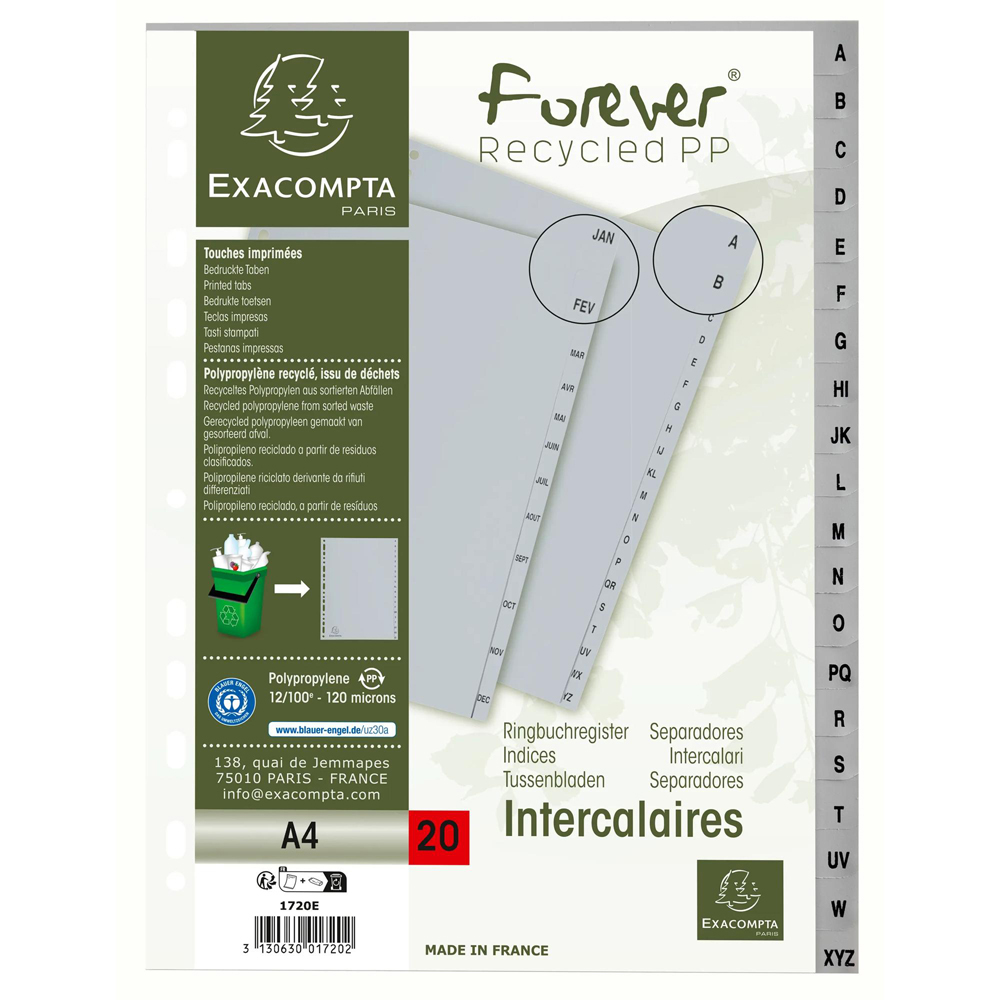 Exacompta A4 Grey Recycled Polypropylene A-Z Divider 20 Pack Image 5