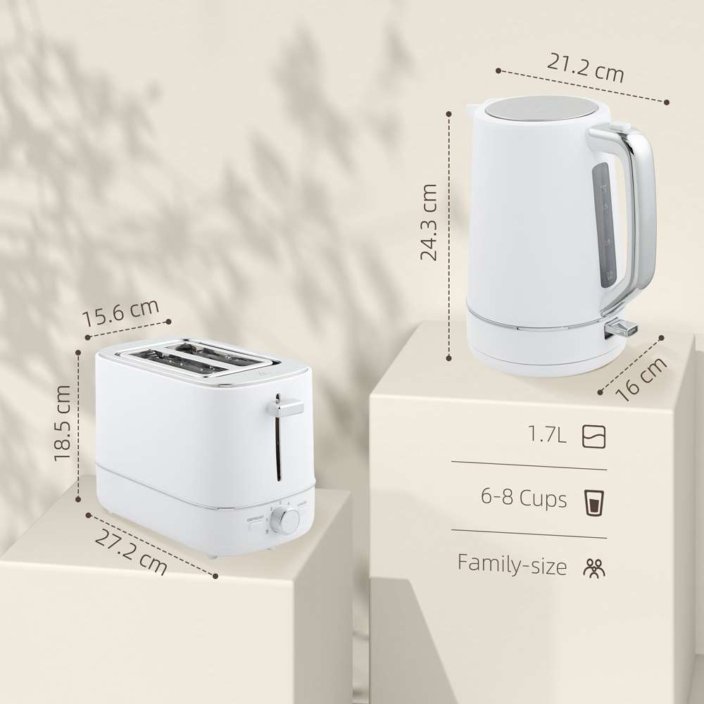 HOMCOM 800-232V70WT White 1.7L Fast Boil Electric Kettle 3000W and 2 Slice Toaster Set Image 9