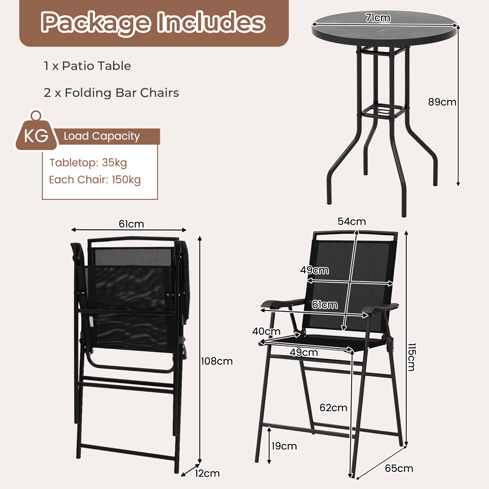 Costway 2 Seater Outdoor Bar Table and Chair Set with Umbrella Hole and Footrest Image 9