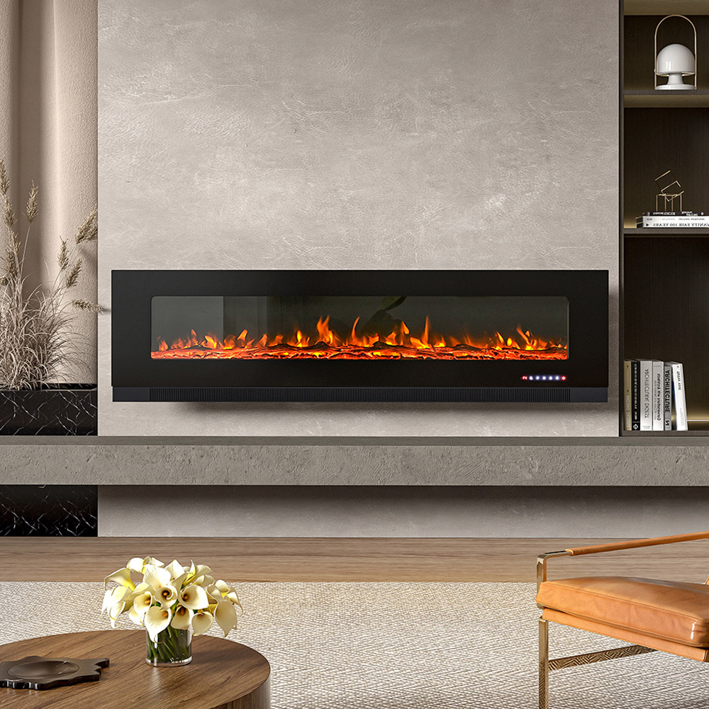 Living and Home Wall Mounted Recessed Electric Fireplace with Faux Log and Pebble Accents 72 inch Image 2