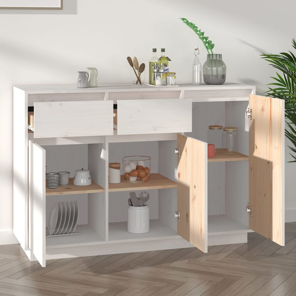 vidaXL 3 Door 2 Drawer White Solid Pine Wood Sideboard Image 1