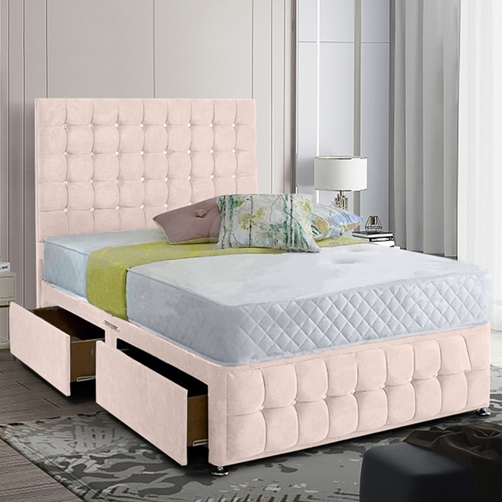 Eleganza Home Cloudrest Single Blush Plush Velvet 2 Drawer Divan Bed with Headboard Image 1