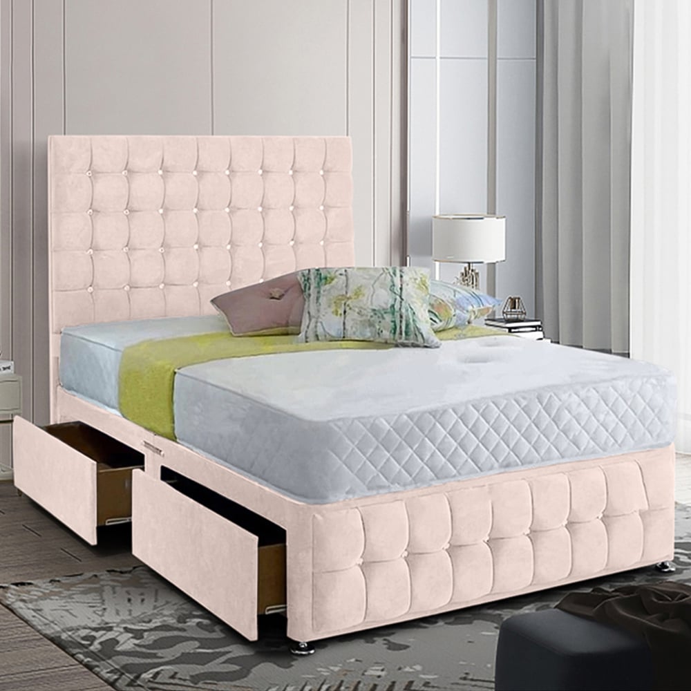 Eleganza Home Cloudrest Double Blush Plush Velvet 2 Drawer Divan Bed with Headboard Image 1