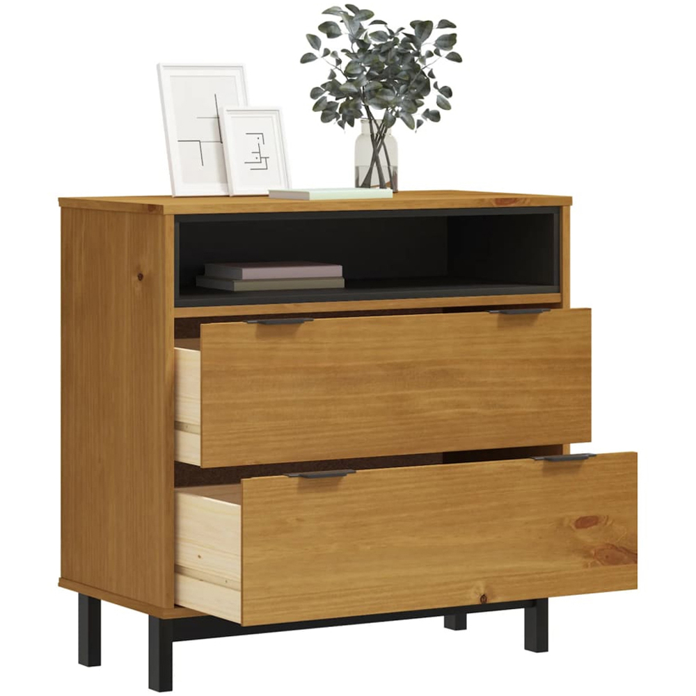 vidaXL Flam 2 Drawer Single Open Shelf Brown Solid Wood Pine Storage Cabinet Image 3
