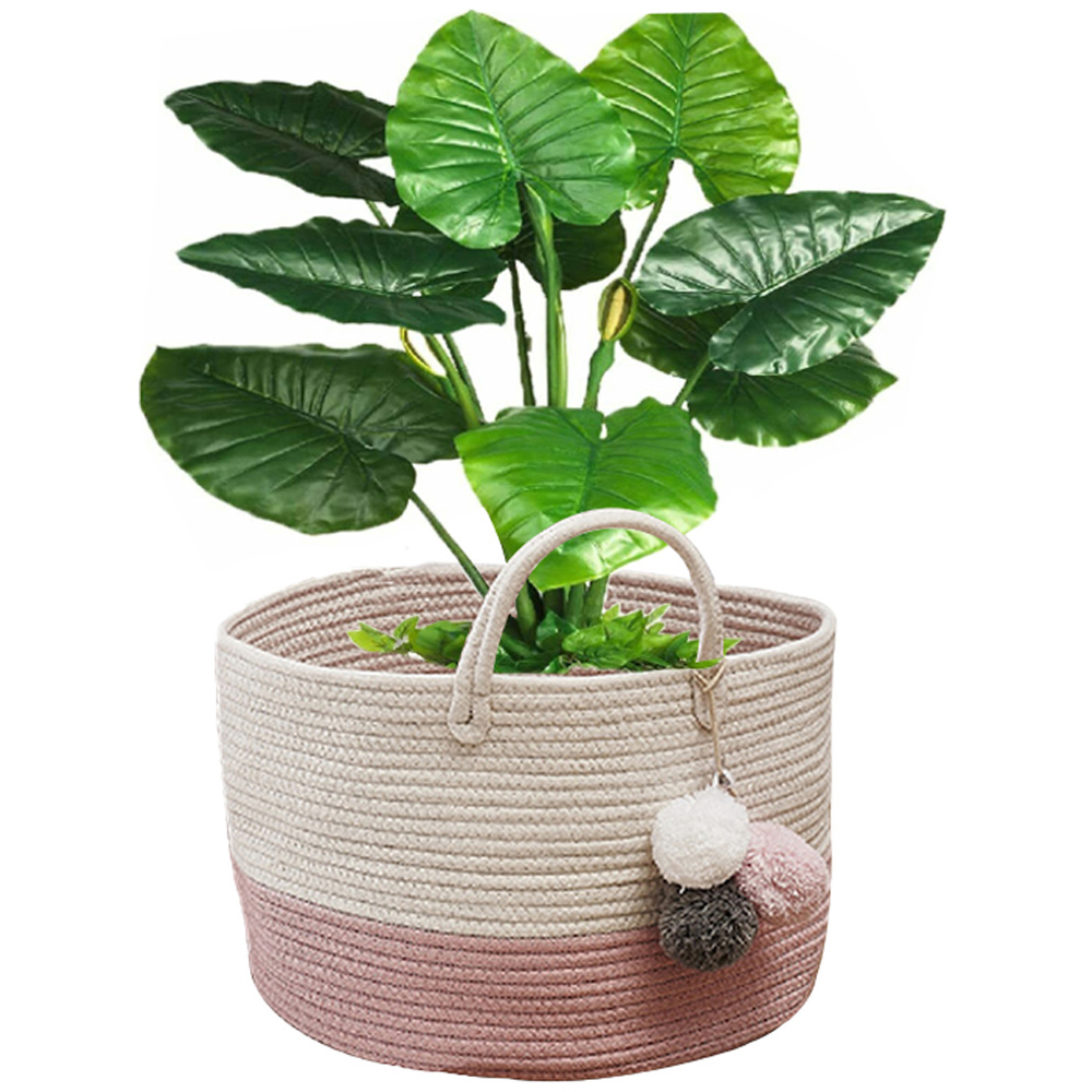 Living and Home Kids Pink Woven Storage Basket with Pom Pom Image 4