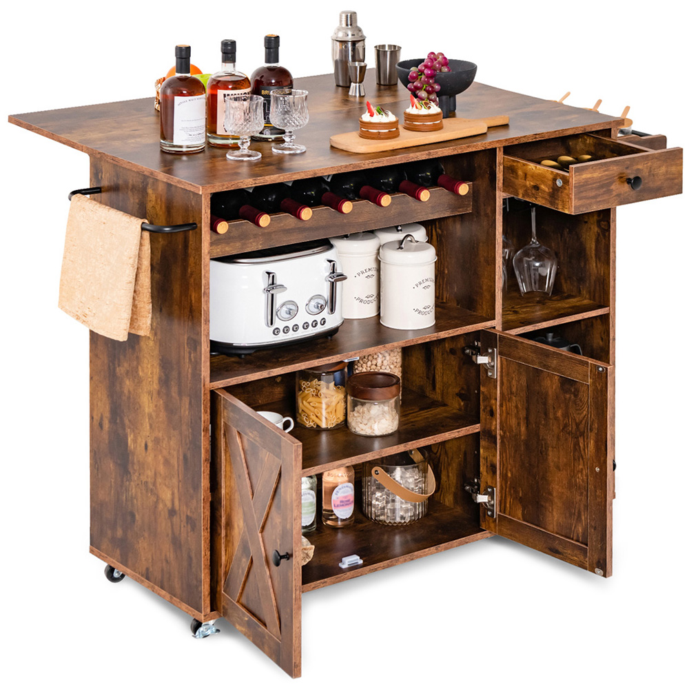 Costway Rustic Brown Drop Leaf Kitchen Island Trolley Image 1