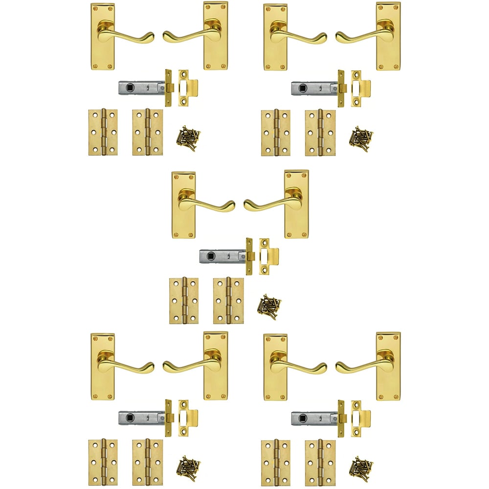 Golden Grace Victorian Scroll Polished Brass Door Handles and Latch Set 5 Pack Image