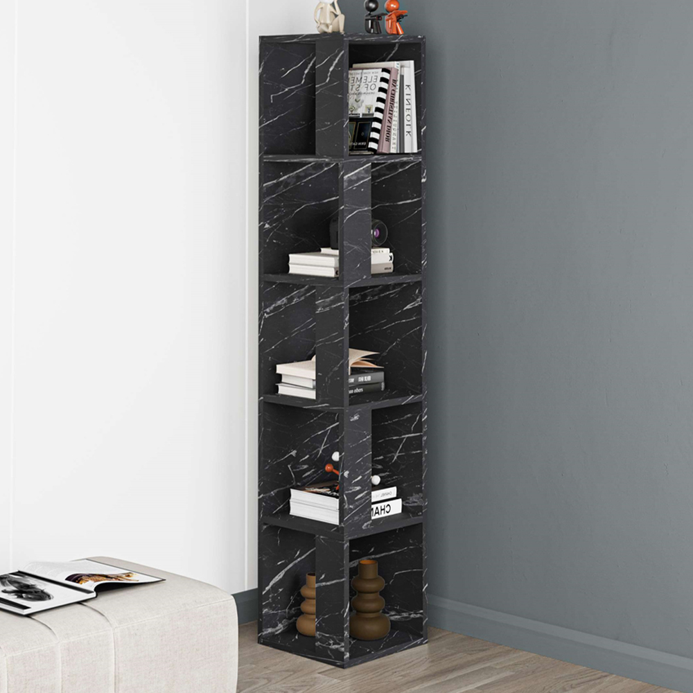 Decortie Piano Black Marble Effect 3 Tier Tall Corner Bookcase Display Unit Image 1