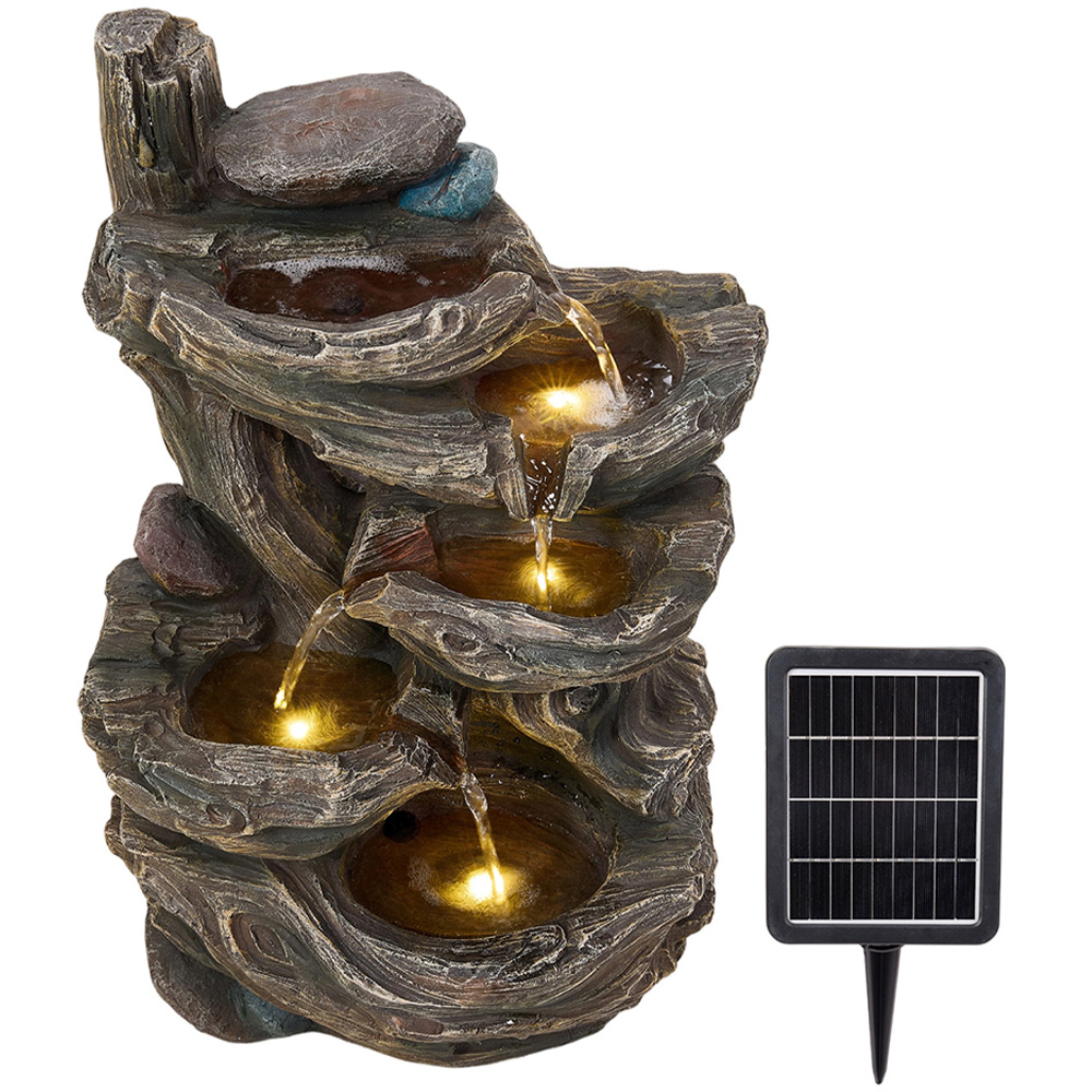 Living and Home 5-Tier Tree Trunk Wood and Rock Effect Solar LED Water Feature Image 1