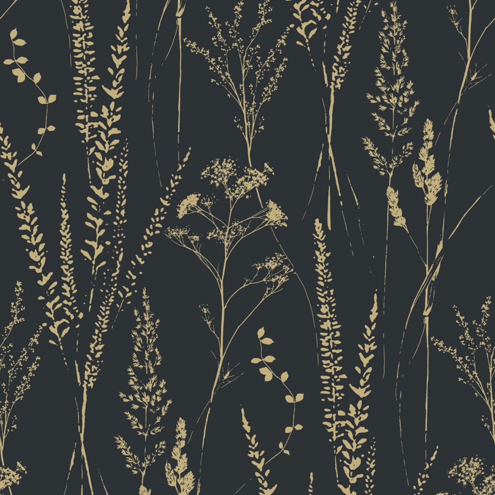 Grandeco Halm Grass and Flower Sprigs Blown Vinyl Black Gold Wallpaper Image 1