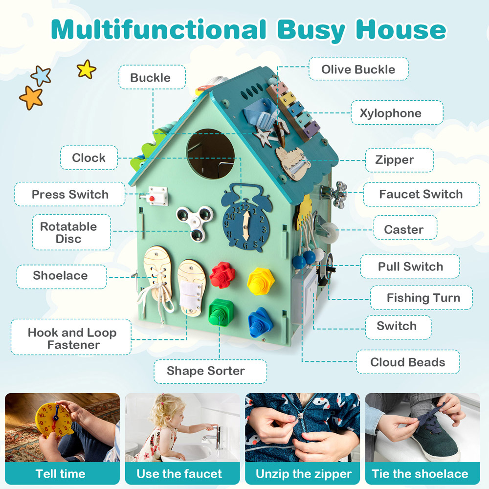 Costway Blue Wooden Busy House Toddler Learning Toy with Music Box Image 8