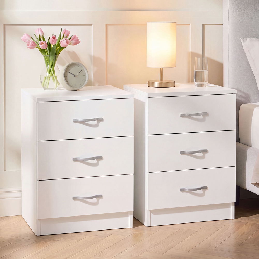 Vida Designs Riano 3 Drawer White Melamine Finish Bedside Table Set of 2 Image 1