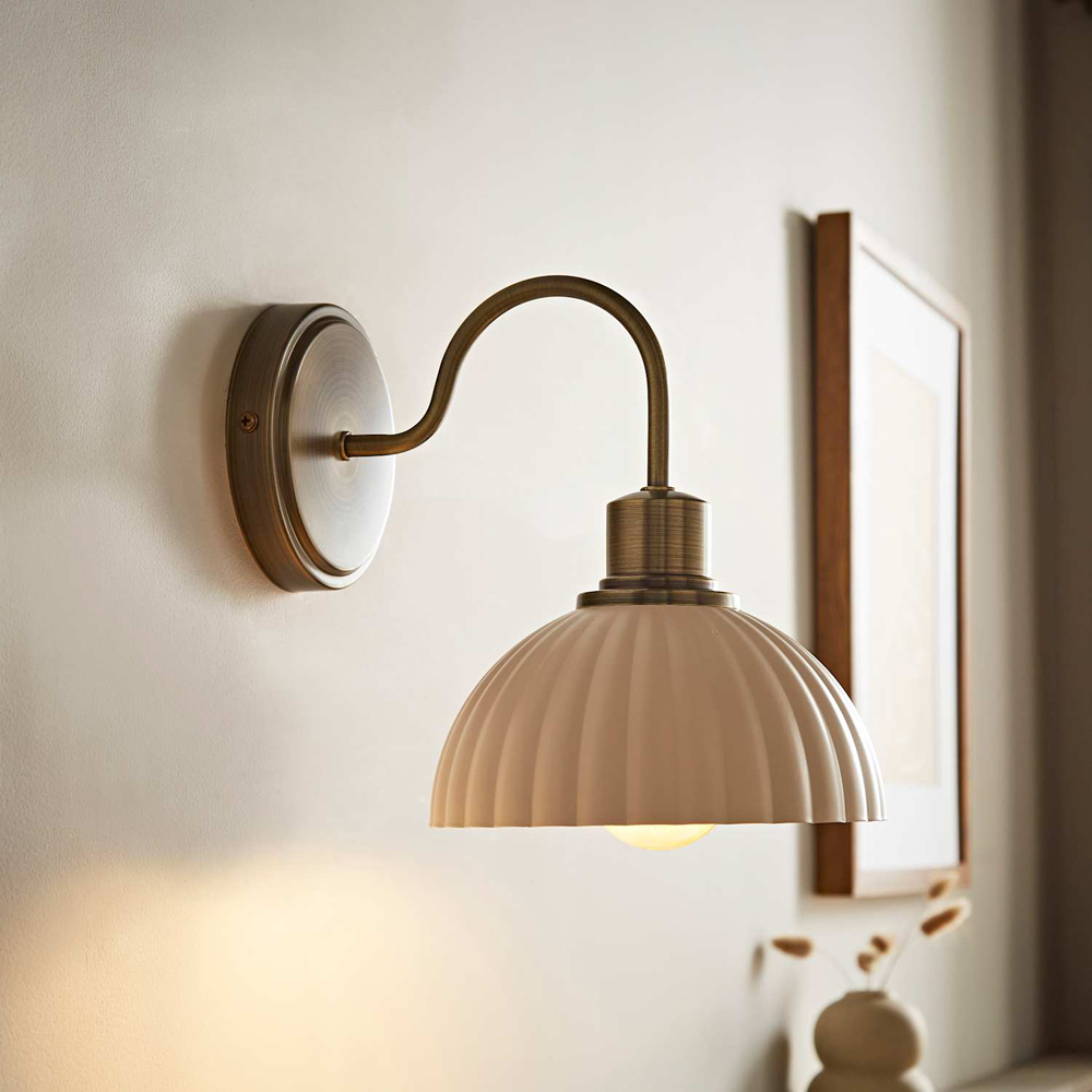 ValueLights Bourton Cream Ribbed Dome Shade Brushed Gold Wall Light with Bulb 2 Pack Image 2