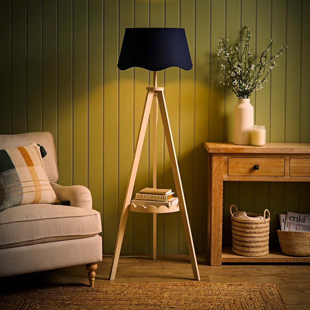 ValueLights Morrigan Navy Shade Cream Scallop Tripod LED Floor Lamp with Bulb Image 2