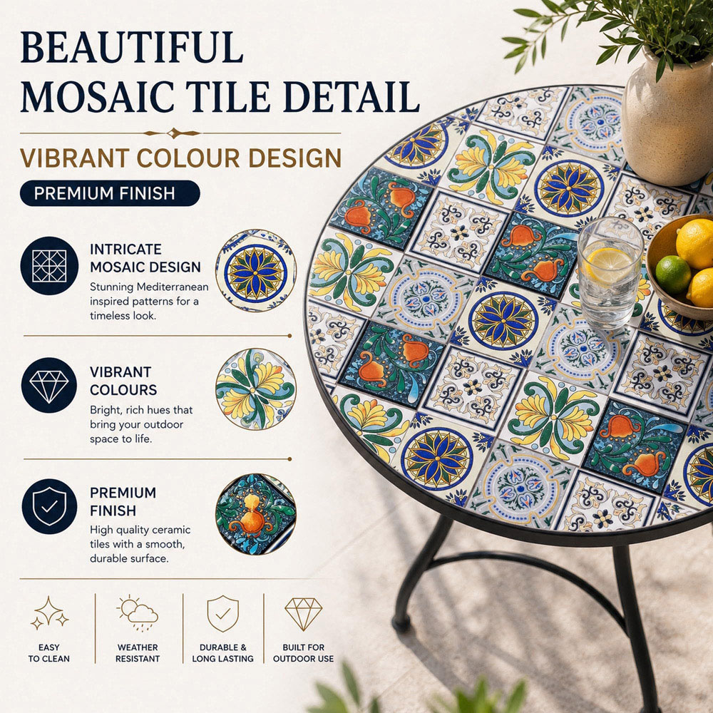 Shatchi Lisbon 2 Seater Mosaic Ceramic Tile Top Foldable Bistro Set Image 9