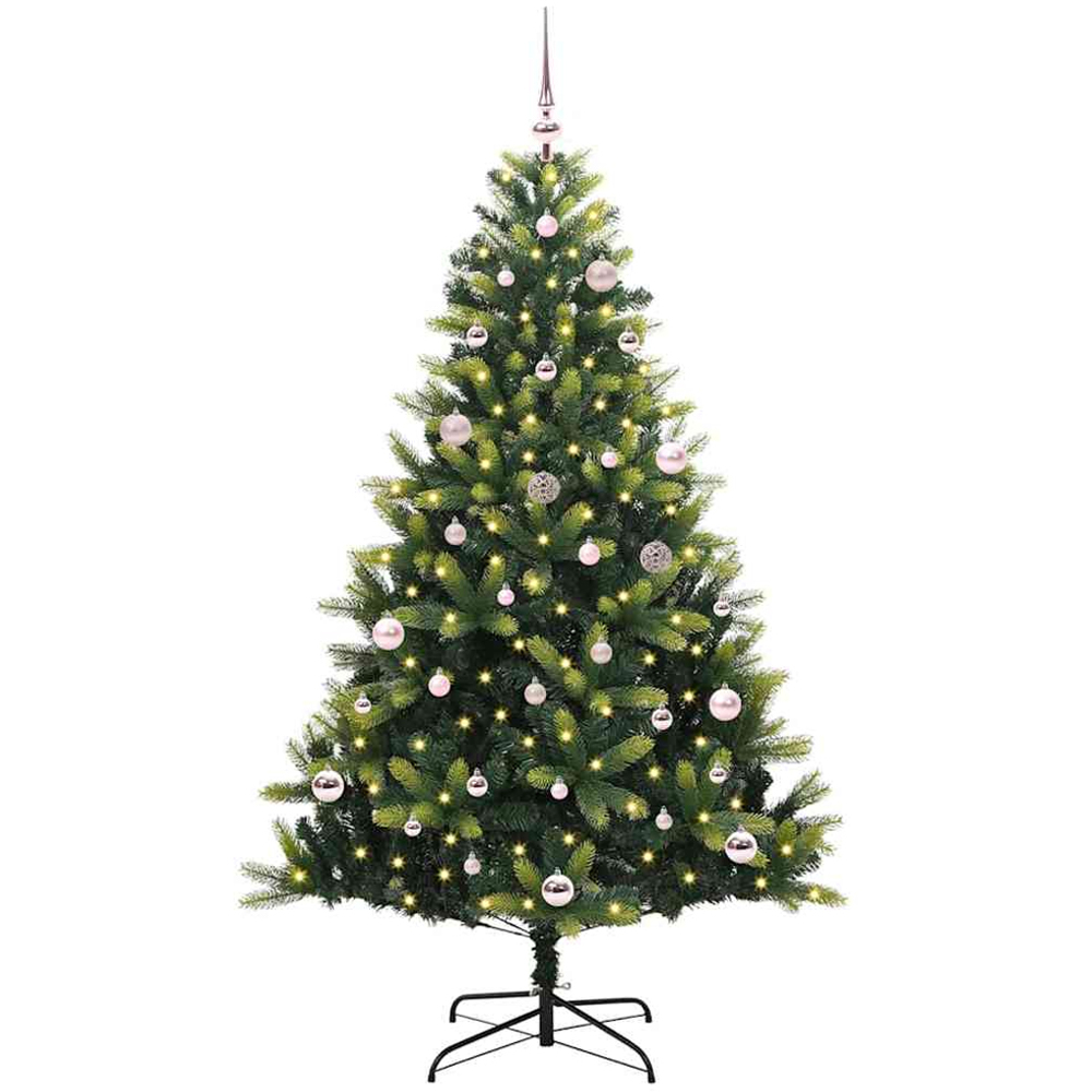 vidaXL Pre-Lit Pink Baubles Green Artificial Hinged Christmas Tree 5ft Image 1