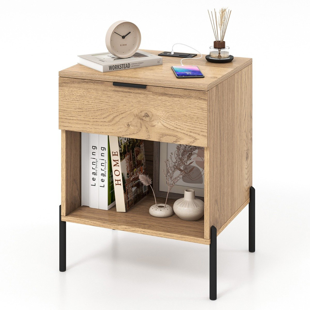 Costway Mid Century Natural Nightstand with Charging Station Image 2