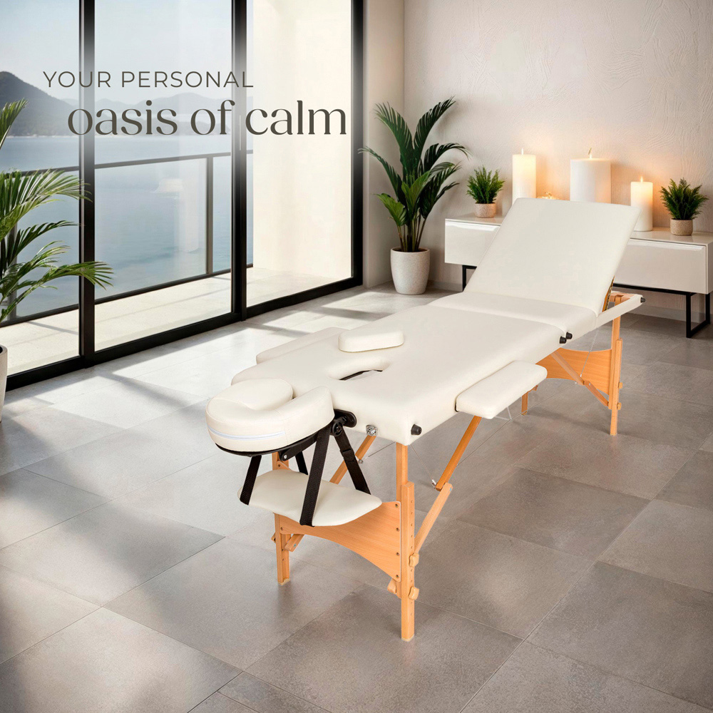Massage Table - 3-zone bed, wooden frame, bolsters, carry bag, head & armrests - Beige Image 2