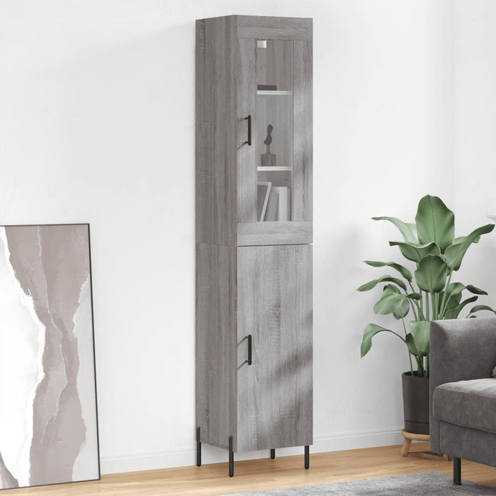 vidaXL 2 Glass and Wood Door Grey Sonoma Highboard with Black Handle Image 1