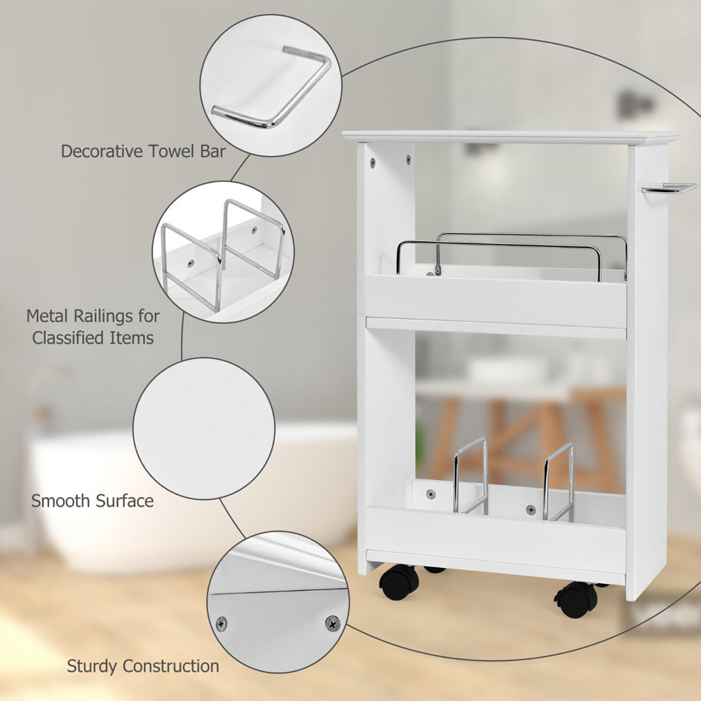 Costway 2 Shelf Slim Storage Cart with Metal Dividers and Towel Bar Image 6
