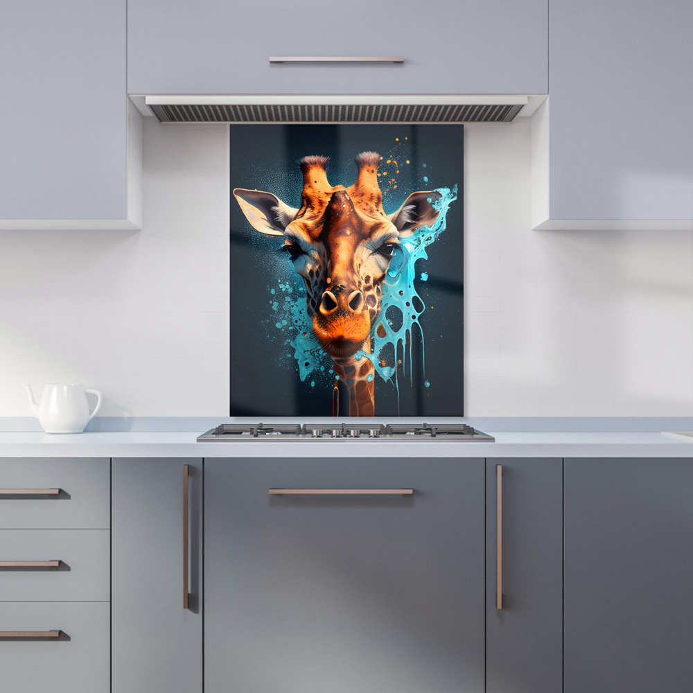 Warren Reed Designer Blue Splashart Giraffe Face Glass Kitchen Splashback 75 x 60cm Image 1